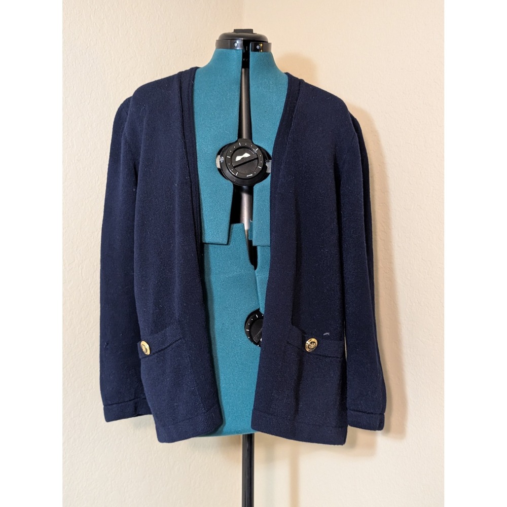 St‎ John Basics Navy Blue Santana Knit Open Front Cardigan Gold Buttons Size L